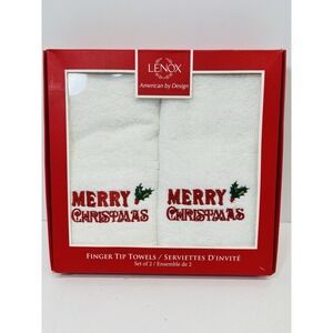 New LENOX Boxed Set of 2 Holiday Merry Christmas White Finger Tip Towels
